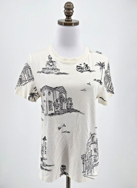 Maje Toulouse Ivory Parisian Embroidered Sketch Short Sleeve T Shirt Sz 2